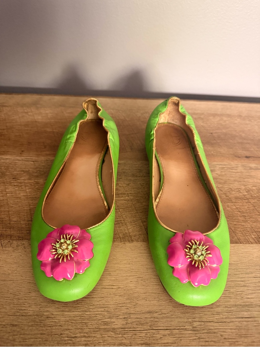 Lilly Pulitzer Green Leather Ballet Flats with Pink Flower Accent